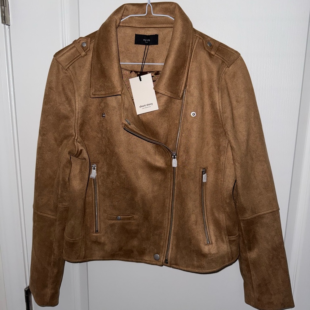 Short Story Mynta Brown Moto Jacket Faux Suede - Size MP NWT